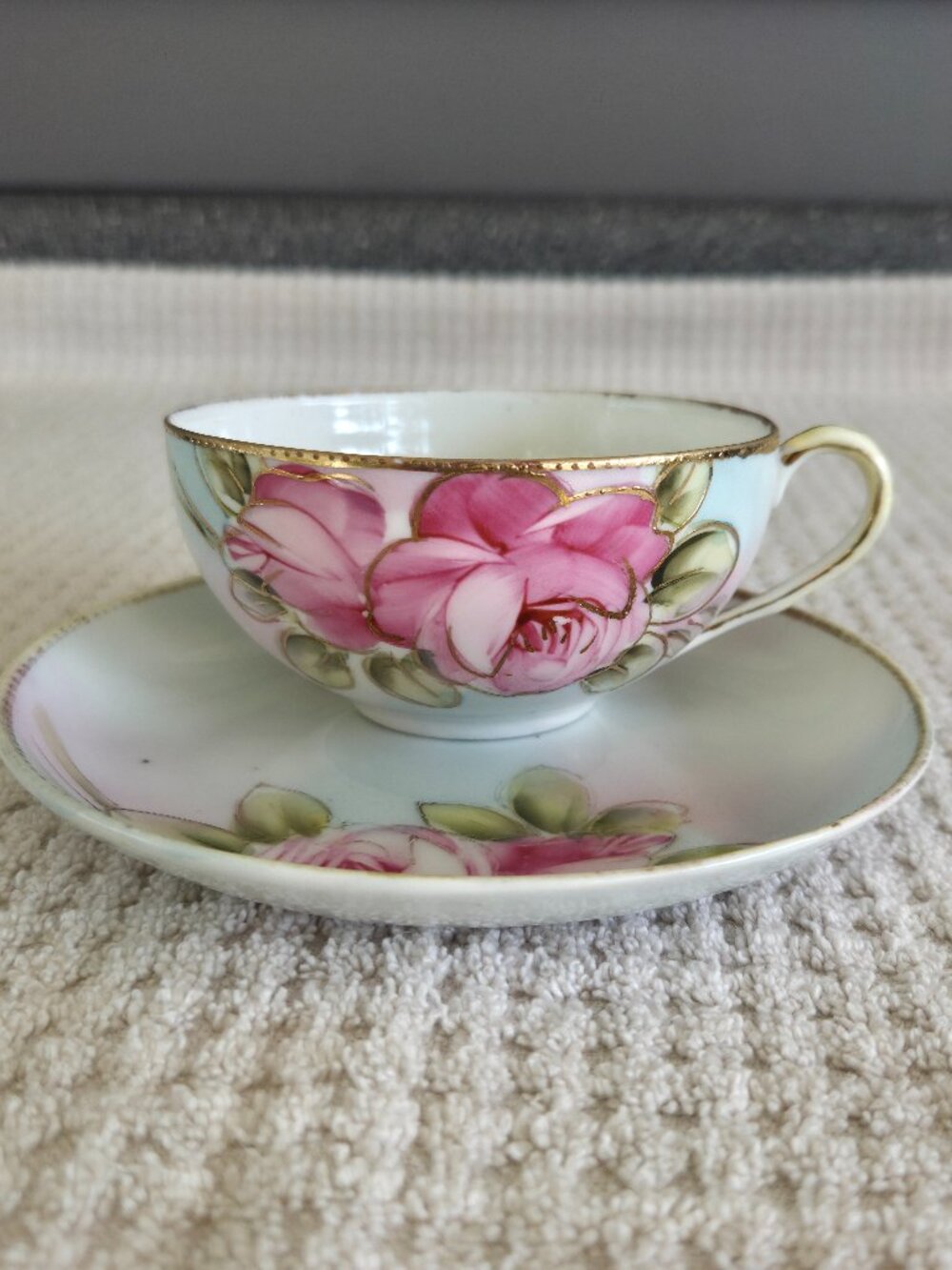 Hand Painted Nippon Cup Saucer Floral Gold Gilt Trim Porcelain Japan Pink Roses